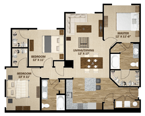 Floor plan for 3 beds, 2 baths, 1304 sqft